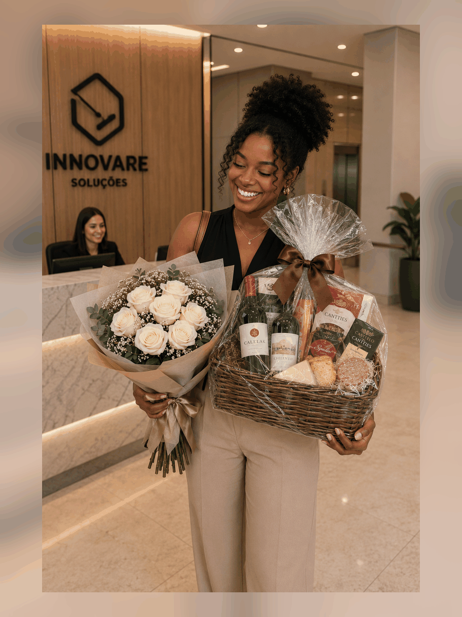 Cliente recebendo flores e cesta no trabalho